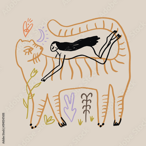 The Wild Feminine Goddess Girl Riding The Wild Tiger Cat Line Art Mystic Matriarch Wild Flowers Clipart Vector