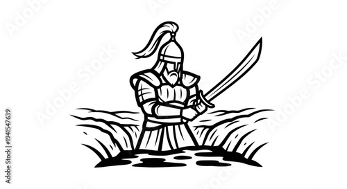 Wallpaper Mural Warrior with Sword in Water, Ancient Armor, Medieval Warrior, Black and White Illustration Torontodigital.ca