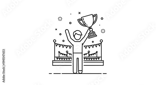 Winner holding trophy, celebrating victory with confetti and flags, success concept