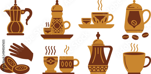 Traditional Arabic coffee pot and cups set, brewing arabic coffee with beans, hot beverage