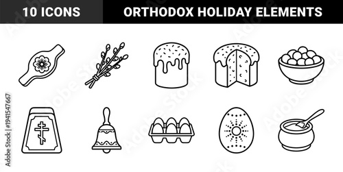 Orthodox Easter celebration elements featuring traditional paska bread, willow branches, and decorated eggs. Monolinear black and white liturgical line art for religious holiday branding.