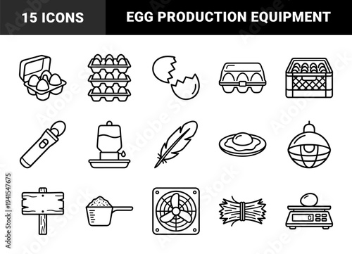 Poultry farming and egg production management elements. Monolinear technical pictograms for agricultural logistics, hatchery equipment, and livestock care systems.