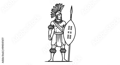 Zulu Warrior with Shield and Spear, Traditional African Warrior Illustration