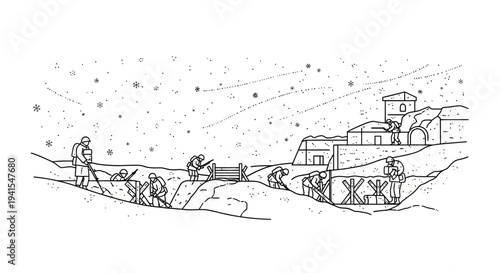 WWI Trench Warfare Scene at Night with Stars and Soldiers Digging