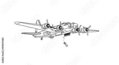 WWII Bomber Aircraft Dropping Bomb - Vintage Line Art Illustration