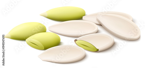 Whole and half pumpkin seeds isolated on white background. Pumpkin seed in open shell, whole husk. Realistic 3d vector, close-up. Used for advertising, packaging, collage, web design food