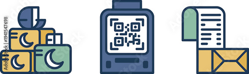 Various ramadan related items: gift boxes, qr code scanner, and receipt