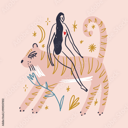 The Wild Feminine Goddess Girl Riding The Wild Tiger Cat Line Art Mystic Matriarch Wild Flowers Clipart Vector