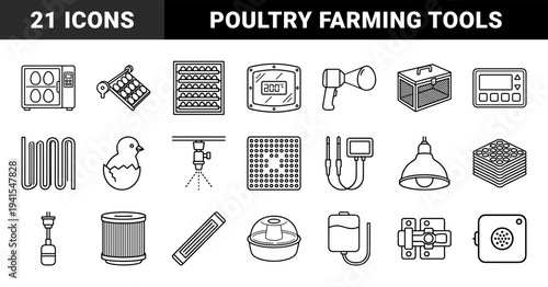 Poultry farming and automated hatchery equipment elements. Technical monoline pictograms for avian incubation, egg processing, and chick rearing systems.