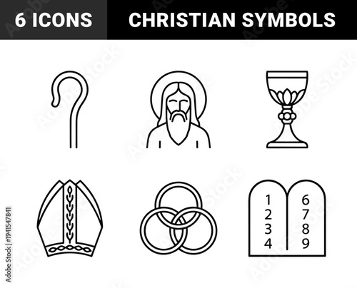 Christian religious symbols and liturgical elements in monoline black and white aesthetic. Minimalist theological graphics for church branding and educational materials.