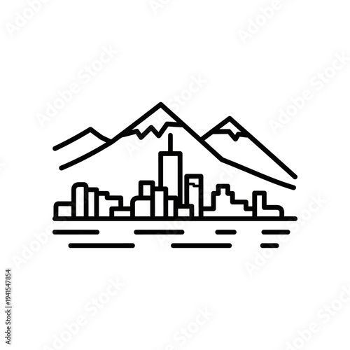 A black line drawing of a city skyline with a tall skyscraper, surrounded by mountains and water, on a white background, evoking a sense of modernity and natural beauty.