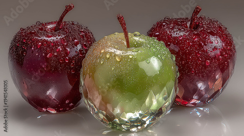Three apples gleam with sparkling sugar coating. Red and green hues reflect light softly. Dewy surfaces hint at freshness and sweetness. Ideal for food, dessert, or holiday themes