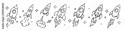 Hand drawn rocket launch set in line art with fire smoke and stars. Vector collection of various spaceships for startup development, business boost, success and innovation. Doodle space shapes
