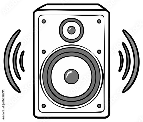 Stylized illustration of a loud audio speaker with sound waves emanating from it