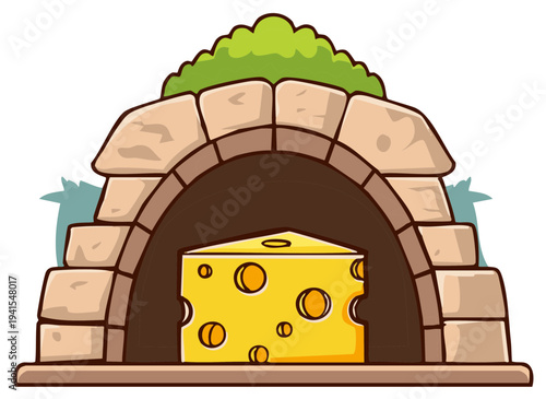 Whimsical cartoon illustration of a large wedge of cheese in a rustic stone oven or grotto