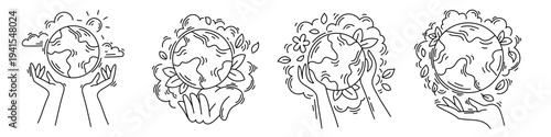 Hands holding Earth planet, hand drawn line art set. Minimalist vector of hands caring for globe with leaves, clouds and sun. Ecology, saving world and environmental protection. Eco friendly design
