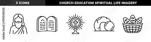 Christian religious symbols and biblical narrative elements for church education. Minimalist monoline pictograms featuring Jesus, ten commandments, monstrance, and resurrection tomb.
