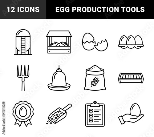 Poultry farming and egg production management elements. Minimalist monoline pictograms for agricultural supply chain, livestock care, and organic food processing.