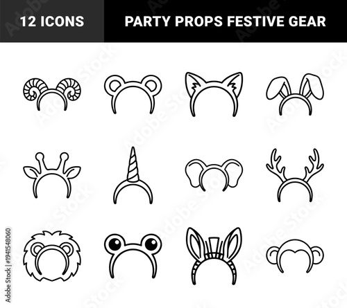 Animal headband costume accessories for photo booths and party props. Minimalist monoline outlines of ears and horns for creative festive celebration designs.
