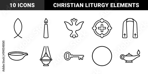 Christian religious symbols and liturgical objects for ecclesiastical design. Minimalist monoline pictograms featuring sacramental elements and church heritage graphics.