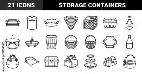 Household storage and organization containers featuring woven baskets, hampers, wooden crates, and picnic carriers in a clean monoline aesthetic.