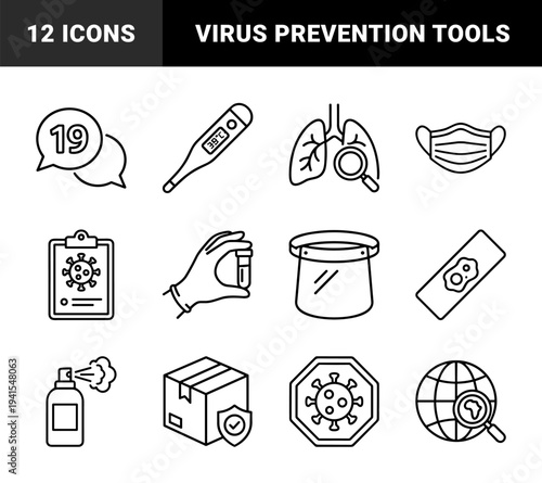 Pandemic safety and medical diagnostic outline symbols for healthcare infographics. Minimalist monoline pictograms for virus prevention and laboratory testing.