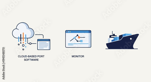 Cloud-based port software connected to monitor and ship illustrating maritime technology.