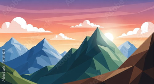 Colorful Mountain Landscape with Sun Rising Over Peaks.