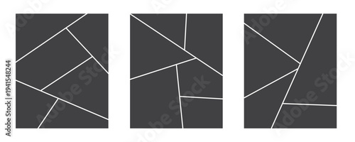 Image collage layout template set. Black mosaic mood board grid collection. Vector 6-7 picture slot composition arrangement. Photo album or memory wall idea for banner, poster, mockup, flyer, brochure