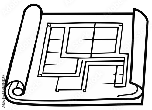 Hand-Drawn Architectural Blueprint Design Illustration on Rolled Paper for Home Improvement and Construction Planning
