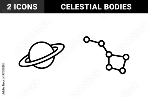 Celestial bodies and astronomical symbols in a thick monoline style. Minimalist planet with rings and Big Dipper constellation for educational space content.