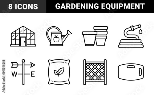 Gardening and horticulture maintenance equipment for backyard cultivation. Bold monoline greenhouse, irrigation, and soil management elements for landscaping projects.