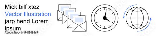Communication, time management, global connectivity, email services, workflow automation, productivity. Email icons, clock globe with arrows. Communication and time management concept