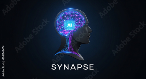 Digital Human Brain Illustration with Synapse Connection.