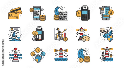 Financial Technology Icons: Payment Security and Navigation.