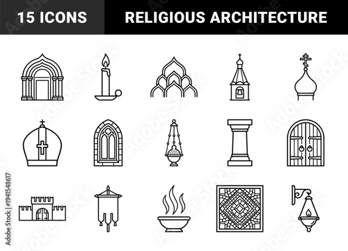 Orthodox Christian religious architecture and liturgical elements. Black monoline symbols featuring onion domes, cathedral doors, incense burners, and mosaics.