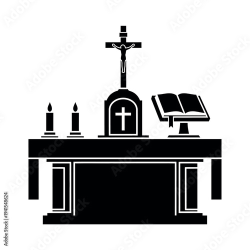 Altar with crucifix candles and open bible.