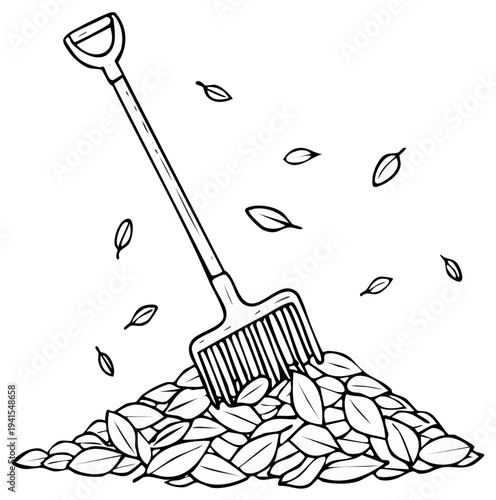 Autumn Leaf Rake Pile Illustration Outdoor Seasonal Gardening Tool