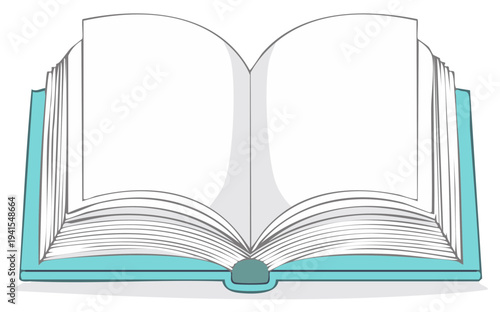 Open book illustration, showing blank white pages, aqua cover, reading concept
