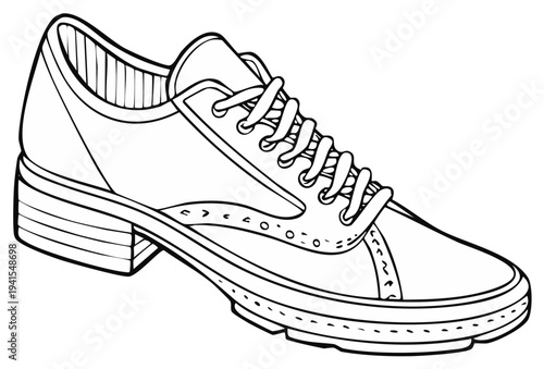 Elegant oxfords with decorative perforations and a stacked heel, hand-drawn outline illustration