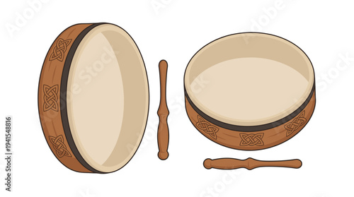 A traditional musical instrument, the bodhran, illustrated from multiple angles, showcasing its design and components