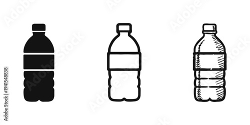Water bottle icon set in solid, outline, and hand-drawn styles, perfect for beverages and hydration.