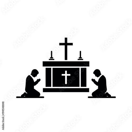 Two people praying at an altar with a cross.