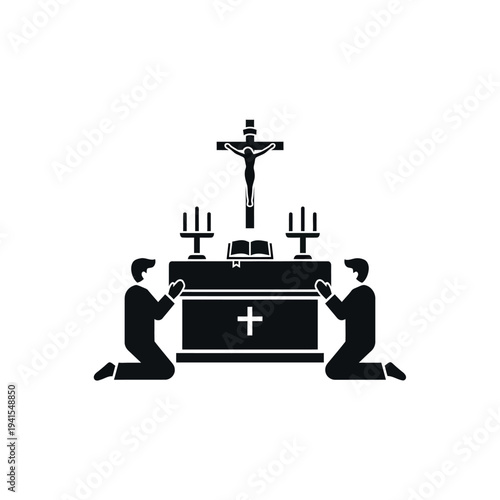 Two men kneeling in prayer before an altar with a crucifix and candles.