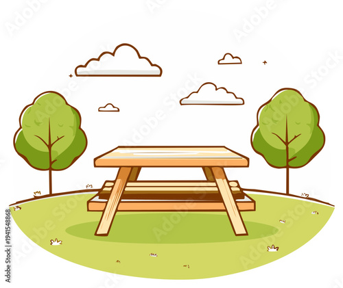Picnic table illustration beneath fluffy cloudscape with trees on a grassy hill for a cartoon style outdoor scene.