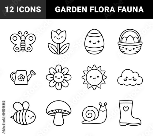Spring seasonal and garden nature elements for kids coloring pages. Minimalist kawai line art featuring easter eggs, flowers, and insects.