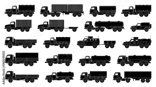 A collection of various truck silhouettes. Different truck types and trailer designs are showcased, emphasizing diversity in the transport industry