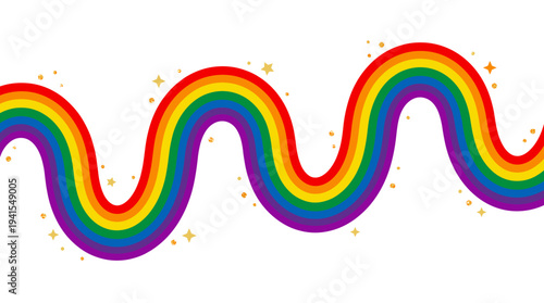 A vibrant rainbow image, curved with stars