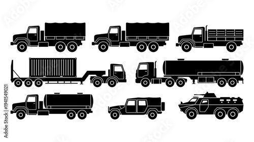 Collection of transport vehicle illustrations in black silhouette, depicting various types
