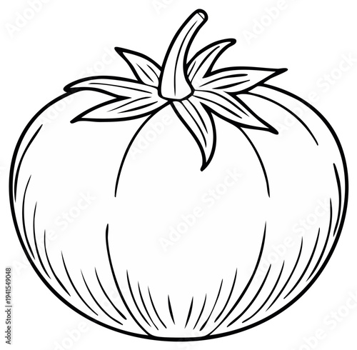 Bold Outline Drawing of a Single Ripe Tomato with Stem and Leaves